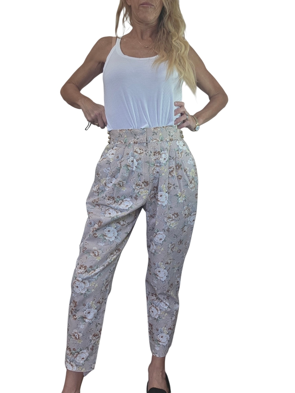 Vintage Vistone Italy Floral Cotton Tapered Pants High Rise XS